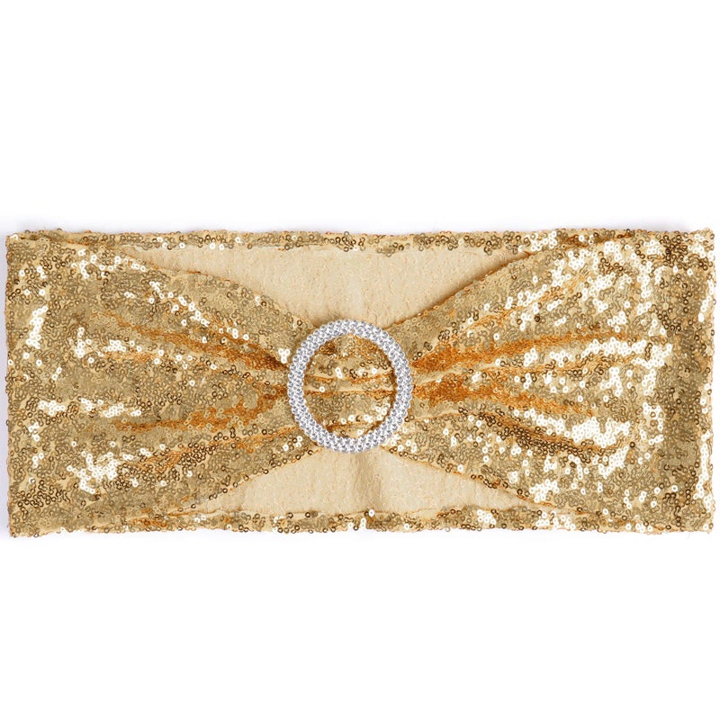 ANMINY Pack of 50 All Around Sequin Chair Sashes With Bows Stretchy Spandex Decorative Shiny Sparkly Sash Band For Banquet Chair Cover Romantic Wedding Party Ceremony Home Decoration, Light Gold - Image 4